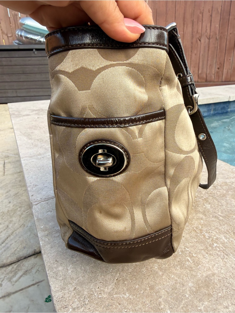Coach Beige and Brown Signature Messenger Bag